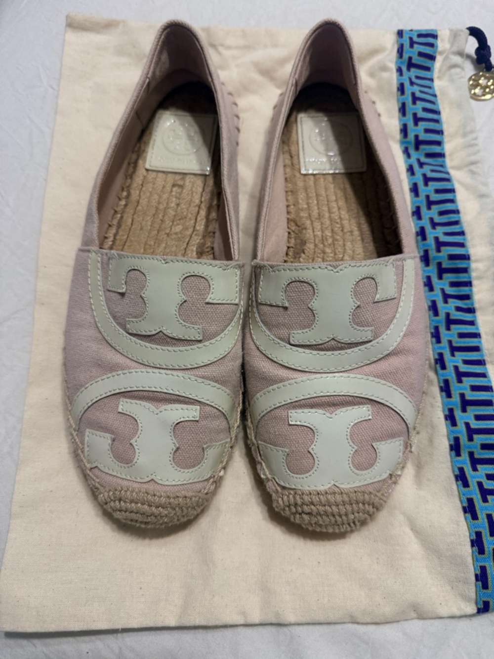 Tory Burch Blush Pink Canvas Espadrille Flats with Cream Logo